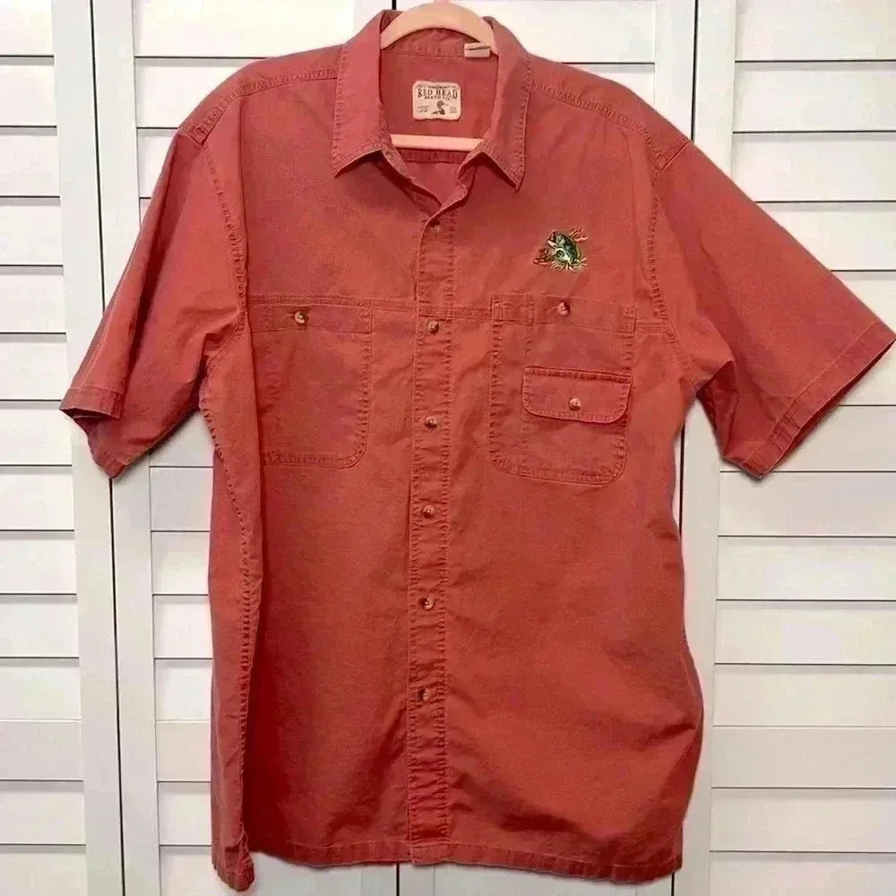 RedHead Short Sleeve Button Up Fishing Shirt Bass Logo Size XL